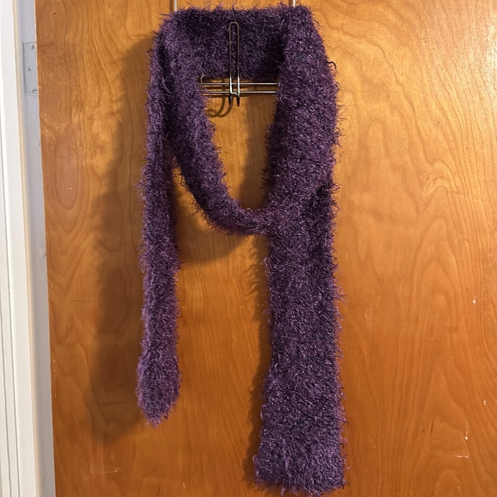 Hand knit, long, fuzzy, purple scarf